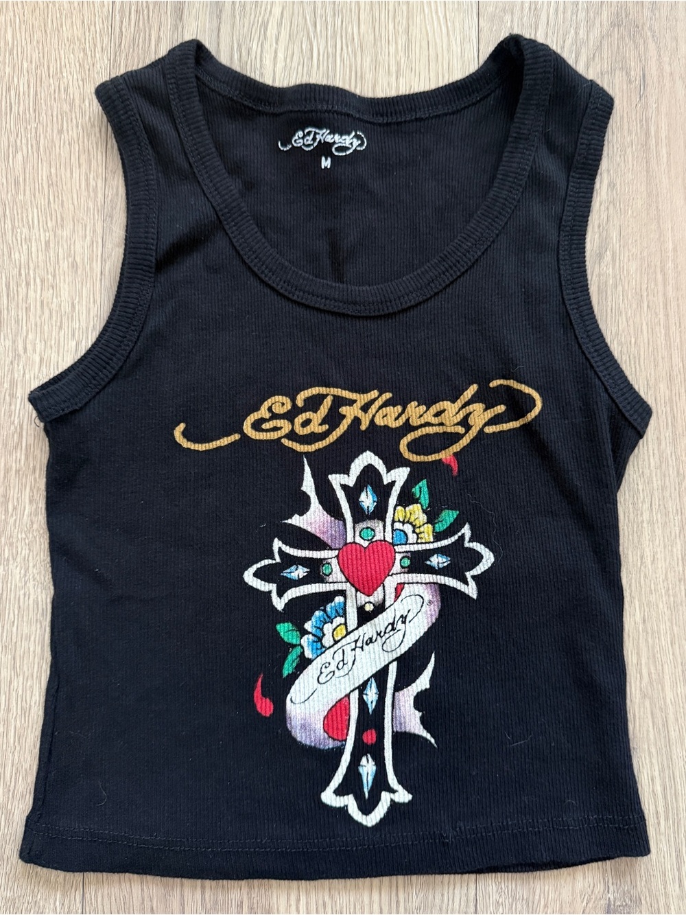 Ed Hardy Womens Black Graphic Print Scoop Neck Tank Top Cross Size Medium